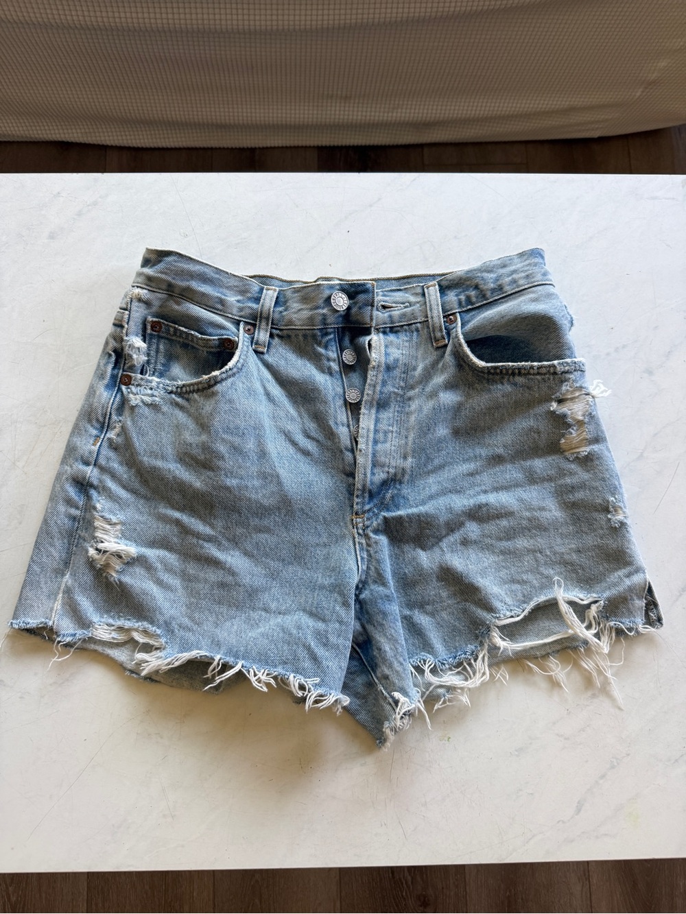 Light Blue Distressed Denim Women's Shorts- Agolde